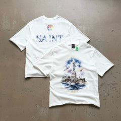 Unisex Vintage T Shirts SAINT MICHAEL ¡Á Takashi Murakami Collaboration: Statue of Liberty Oil Painting Graphic (Limited Edition). Features heavyweight 320g fabric (retaining its weight after washing) and authentic vintage construction with single-s