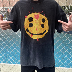 Unisex Vintage T Shirts SAINT MICHAEL x CHO Broken Smiley Limited Edition C Heavyweight High-Street Retro Style