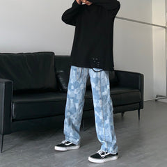 Men Jeans Straight Wide-Leg Pants Casual Loose Washed-out Denim Trousers