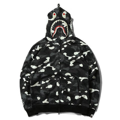 Bathing Ape Bape Hoodie Black and White Luminous Shark Coat Looped Fabric Hooded Shark Sweater Shark Embroidered Hoodie