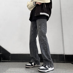 Men Jeans Loose Straight Hiphop Draping Rivet Overalls