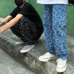 Men Jeans Embroidered Paisley Jeans Loose Retro Trousers