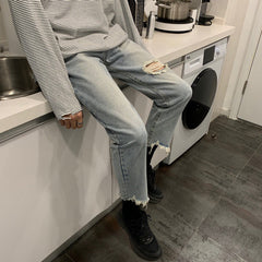 Men Jeans Spring and Summer Men's Ripped Jeans Wide-Leg Straight Pants