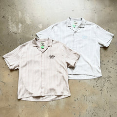 Unisex Vintage T Shirts GALLERY DEPT. 26SS American vintage-style, loose-fitting short-sleeve shirt featuring a Cuban collar and a dapper old-money aesthetic. Crafted from a custom linen-blend fabric with a vertical-stripe jacquard weave; breathabl