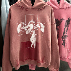 Unisex Vintage Hoodie [Heavy-Wash Faded Dark Red] Saint Cross Holy Limited Edition Distressed Hoodie ¡ª Featuring multi-area hand-distressing, custom fabric matched to the original in texture and color, and a heavyweight Asut enzyme-grind wash for