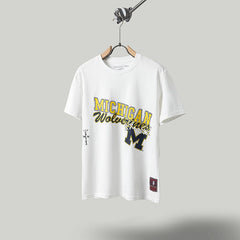 Travis Scott T Shirts x Mitchell x Ness Michigan Wolverines Hand-Drawn Short Sleeve