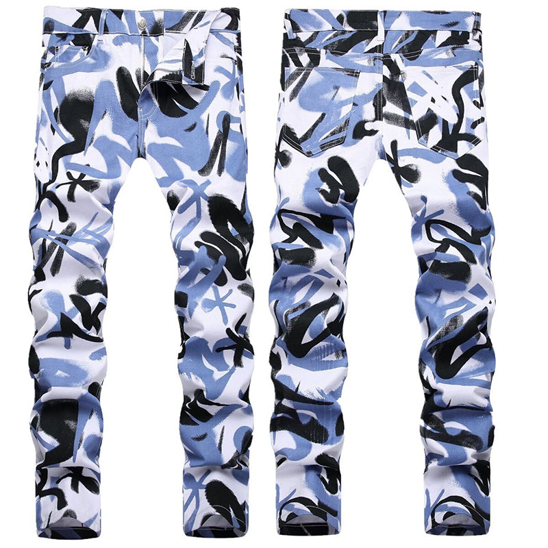 Mens Fashion Jeans Blue paintbrush graffiti 8837#