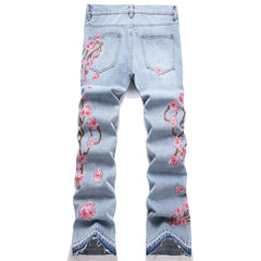 Mens Fashion Jeans Pink cherry blossom embroidered wide-leg pants 5711#