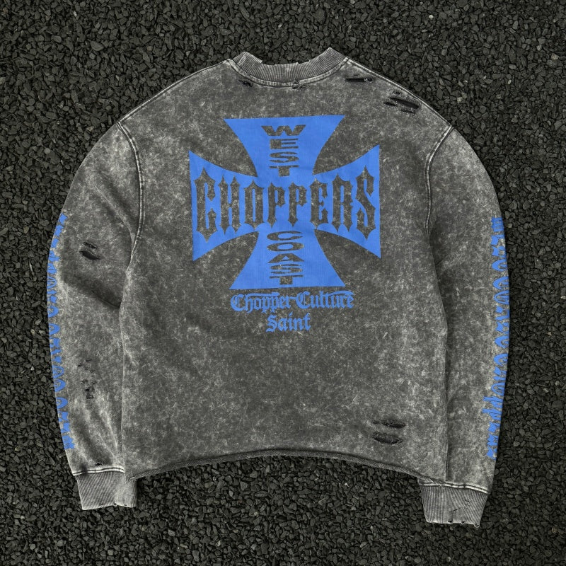 Unisex Vintage sweatshirt West Coast Biker Blue Cross Limited Edition Crewneck Sweatshirt ¨C Heavyweight, Washed & Distressed Finish