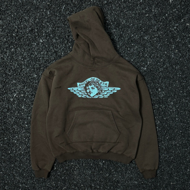 Unisex Vintage HoodieLittle Angel Exclusive ¨C Vintage American-style hooded sweatshirt featuring a washed, distressed finish, handcrafted distressing details, a brushed texture, and a fleece-lined interior.