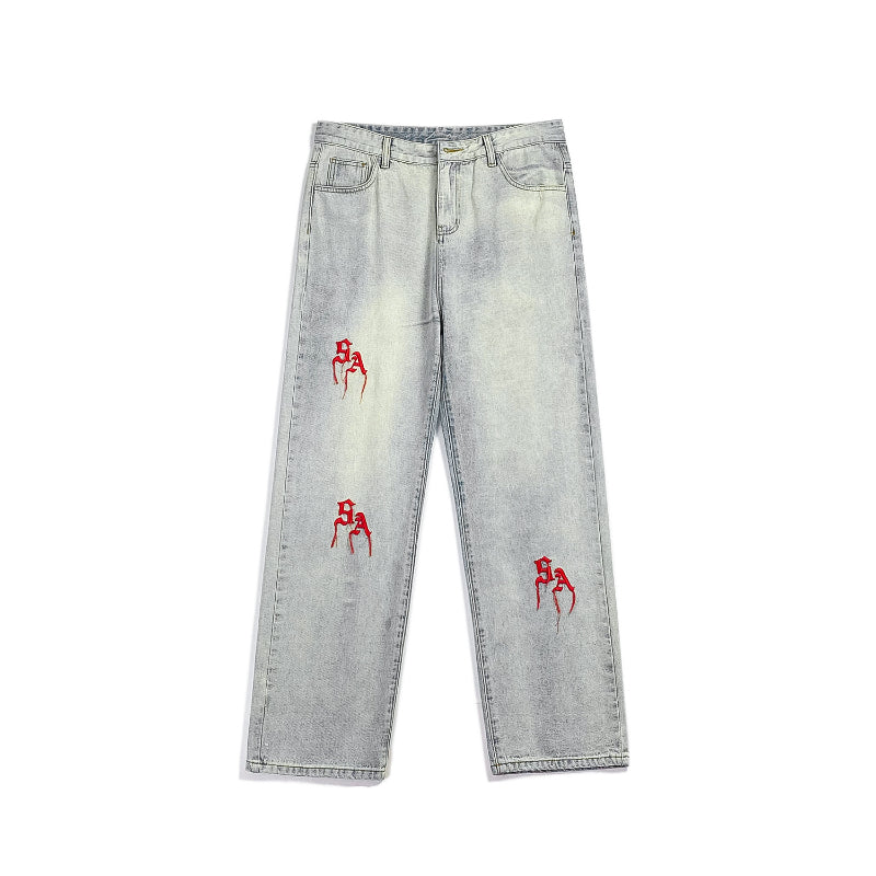 Men Jeans Embroidered Jeans Men's Summer Wide-Leg Straight Pants