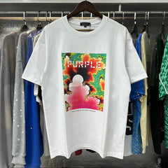 Purple T Shirts Brocade Safflower Green Plant Printing Cotton Casual Short Sleeve Men and Women