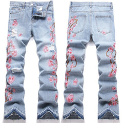 Mens Fashion Jeans Pink cherry blossom embroidered wide-leg pants 5711#