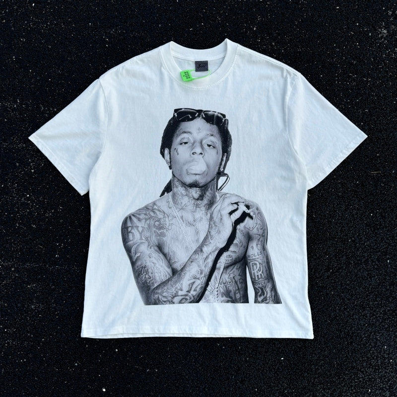 Unisex Vintage T Shirts American West Coast street-style high-street short-sleeve tee featuring graffiti and hip-hop aesthetics; crafted from heavyweight fabric with a distressed wash finish and direct-to-garment white ink printing.