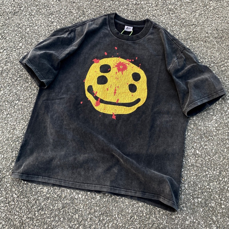 Unisex Vintage T Shirts SAINT MICHAEL x CHO Broken Smiley Limited Edition C Heavyweight High-Street Retro Style