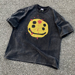 Unisex Vintage T Shirts SAINT MICHAEL x CHO Broken Smiley Limited Edition C Heavyweight High-Street Retro Style