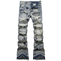 Mens Fashion Jeans Patchwork wide-leg pants 5713#