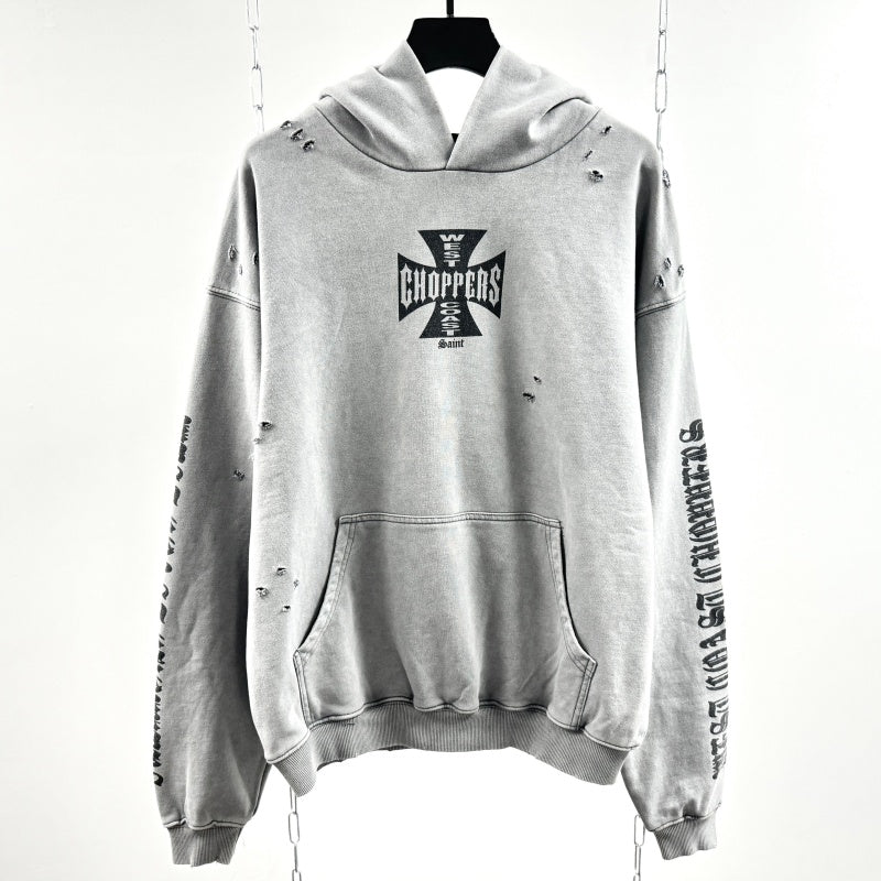 Unisex Vintage Hoodie Saint West Coast Chopper Limited Edition Washed & Distressed Hoodie ¨C Featuring multi-zone handcrafted distressing and a heavyweight fabric with an enzyme-milled, faded wash finish.
