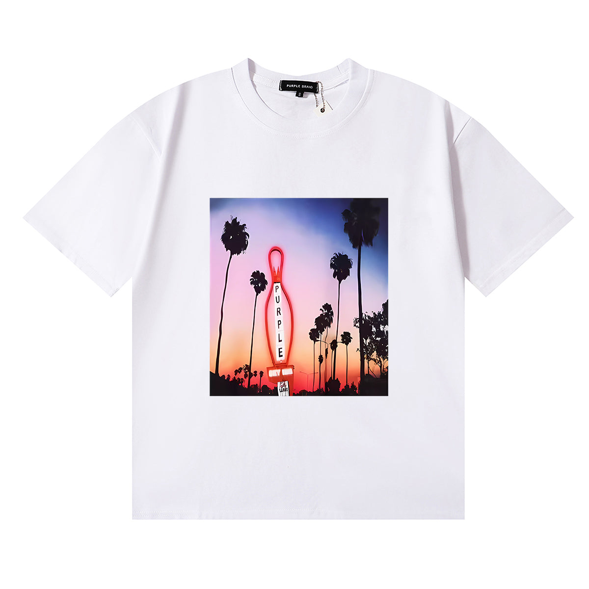 Purple T Shirts Bowling Coconut Tree Print Cotton Casual Short Sleeve Men and Women