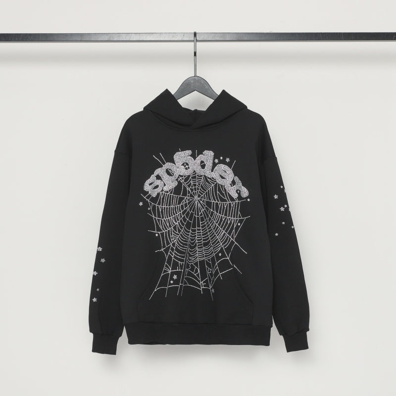 Sp5der hoodie Black hot-fix rhinestone texture Pure cotton high quality spring/summer