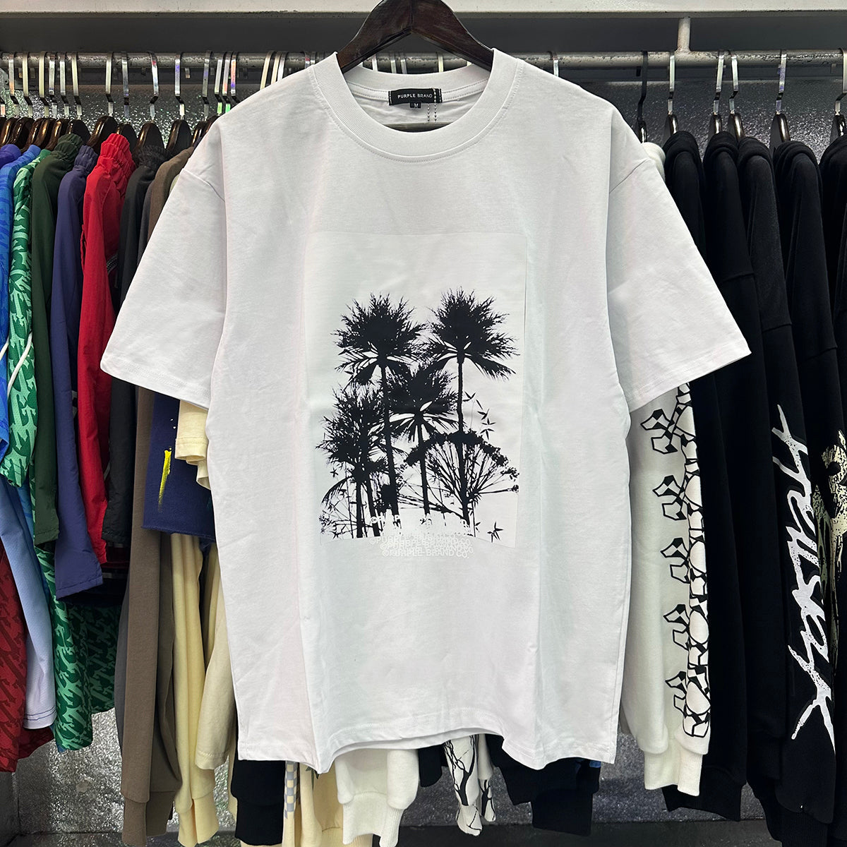 Purple T Shirts Palm Tree Print Cotton Casual Versatile Short Sleeve Men and Women
