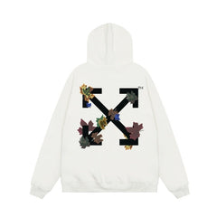 OW Maple Leaf Letter Arrow Pattern Pullover Hooded Sweater