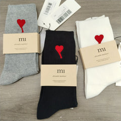 Ami Socks Rice peach heart black and white gray double needle embroidery tall tube casual solid color