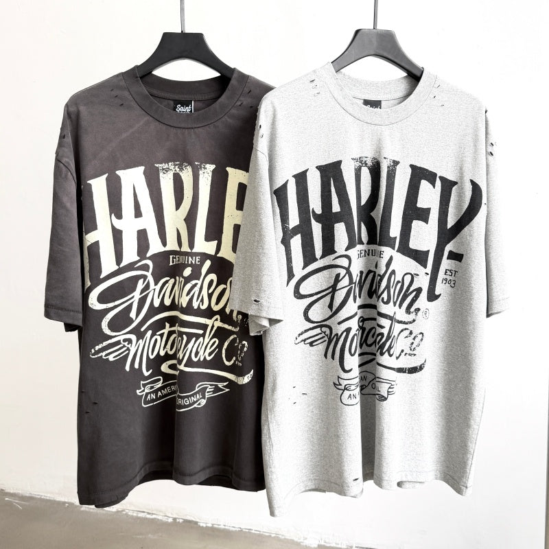 Unisex Vintage T Shirts Saint X BerBerJin X Harley three-way collaboration. Heavyweight 280g fabric (post-wash weight). Vintage construction featuring single-stitch and blind-stitch detailing. Finished with heavy-duty monkey-style spray distressing