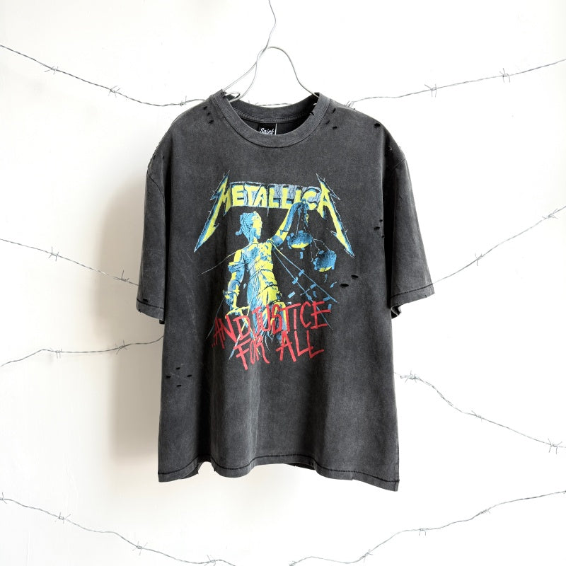 Unisex Vintage T Shirts Saint ¡Á BerBerJin ¡Á Metallica three-way collaboration washed short-sleeve tee. Features vintage single-stitch construction, heavy enzyme-wash finish, and distressed cut-and-tear detailing across multiple areas.