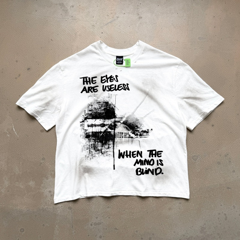 Unisex Vintage T Shirts Saint Street Dirty ¡ª A Follow Your Heart limited-edition tee featuring street graffiti aesthetics. Details include hand-painted dirty spray effects, multiple hand-distressed slash cuts, and a heavy-duty enzyme-washed fin