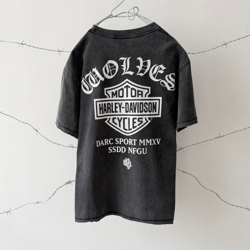 Unisex Vintage T Shirts Darc SSDD NFGU x Harley-Davidson Collaboration (Limited Edition): Heavyweight, distressed, and washed-effect tee featuring a Wolf Head graphic. Designed with a boxy, cropped, and wide-neck silhouette¡ªembodying a gritty, grun
