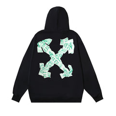 OW banknote letter arrow print pattern hooded sweater