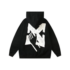 Off White hoodie with a fleece hood with a palm globe arrow pattern