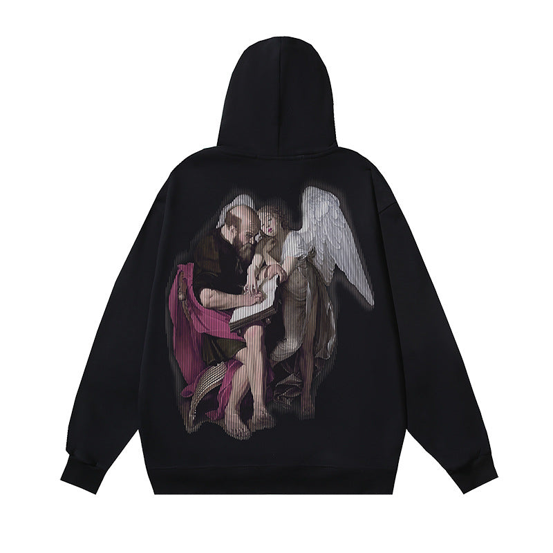 OW oil painting angel pattern pullover hooded sweater