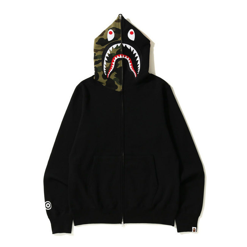 Bathing Ape Bape Autumn and Winter Men's Cotton Shark Head Camouflage Patchwork Hoodie Fleece Jacket