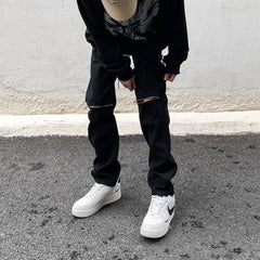 Men Jeans Vintage Black Knee Ripped Zipper Jeans