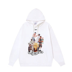 OW black character print pattern pullover hooded sweater