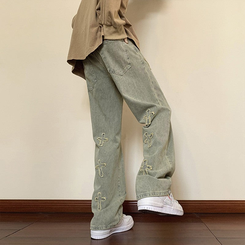 Men Jeans Embroidered Jeans Straight-Leg Pants