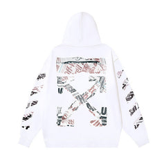 OW Newspaper Letter Arrow Pattern Pullover Hooded Sweater