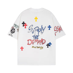 CHH Heart T Shirts Cross Print Sanskrit Hand Painted Graffiti Short Sleeve T-Shirt