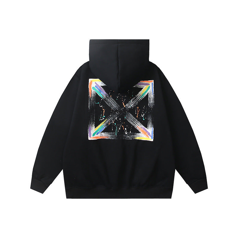 OW Color Letter Arrow Pattern Pullover Fleece Hooded Sweater