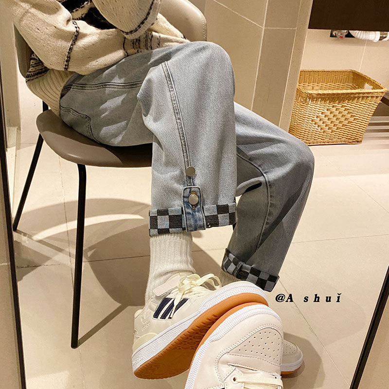 Men Jeans Summer Jeans Loose Wide Leg Pants Straight Plaid Pants