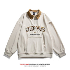 Men Pullover Hoodie Spring Long Sleeve Polo Shirt Men's American Retro Loose Trendy Sweater