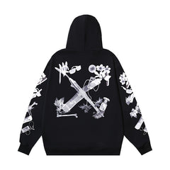 OW mobile phone floral earphone print pattern hooded sweater