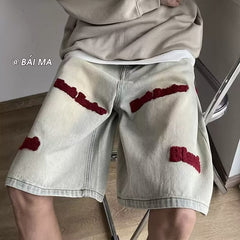 Men Jeans Embroidered Denim Shorts Summer Washed Shorts