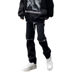 Men Jeans Vintage Black Knee Ripped Zipper Jeans