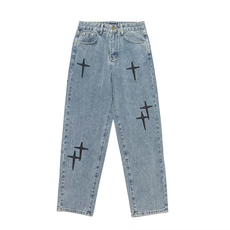 Men Jeans Autumn Cross Paste Cloth Embroidery Loose Straight Wide Trousers