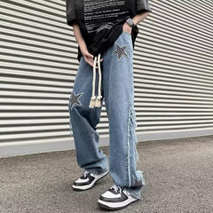 Men Jeans Embroidered Jeans Men's Summer Retro Loose Wide-Leg Straight Pants