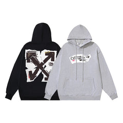 OW Broken Paper Arrow Pattern Pullover Hooded Sweater