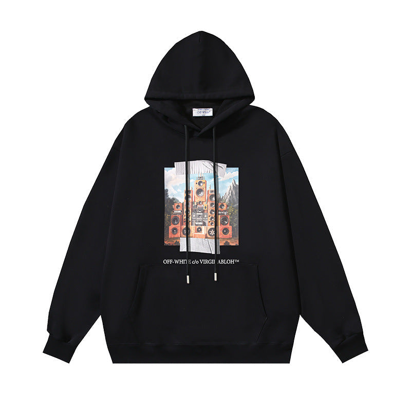 OW audio train print pattern pullover hooded sweater
